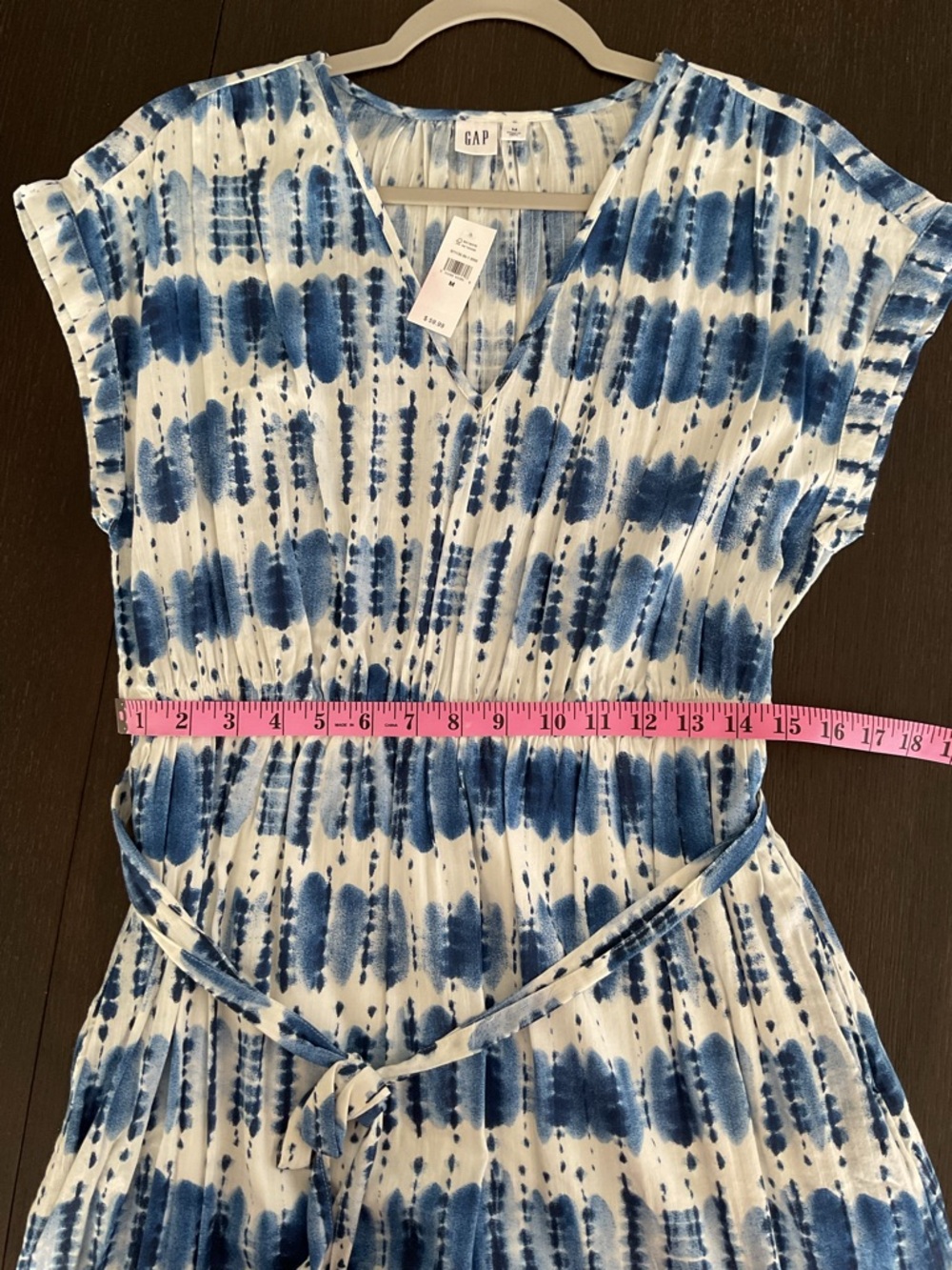 GAP Factory Blue and White Tie-Dye V-Neck Midi Dress with Waist Tie - Picture 7 of 8